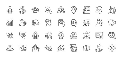 Mindfulness stress, Group and Teamwork line icons pack. AI, Question and Answer, Map pin icons. Face protection, Dont touch, Salary web icon. Engineer, Buyer, Family questions pictogram. Vector