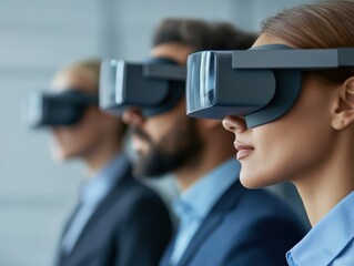 A diverse team of professionals wearing augmented reality glasses, engaged in innovative supplier evaluation