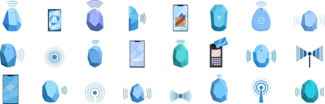 Beacon technology icons set. Bluetooth beacon set with various devices connecting and transmitting data illustrating proximity marketing concept