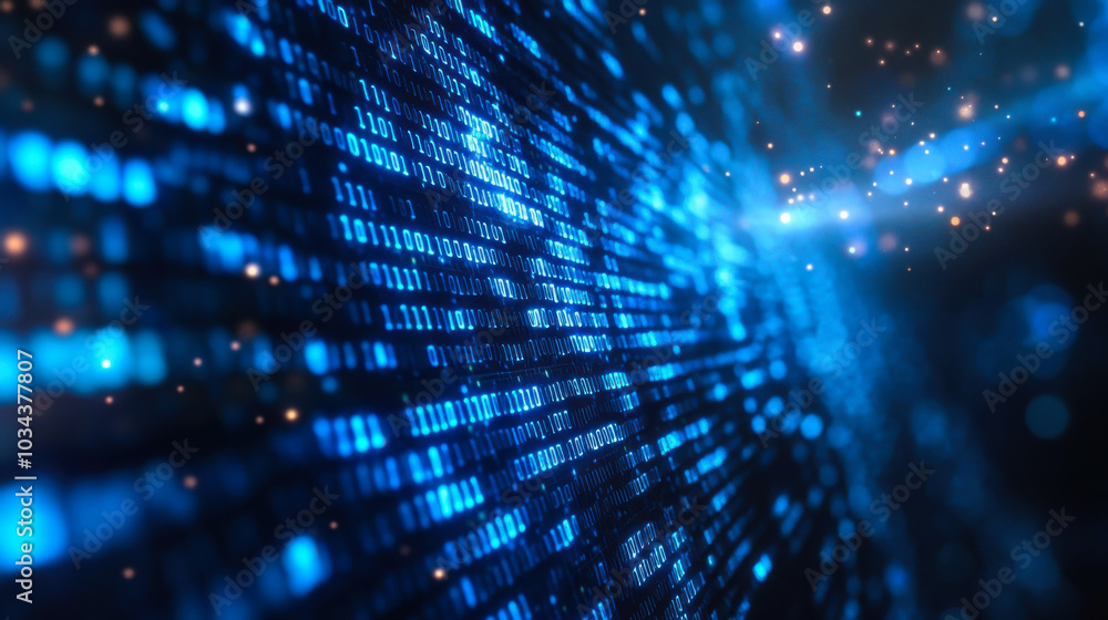 Poster abstract digital tunnel with glowing blue lights and particles representing data flow in a futuristi
