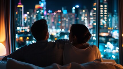 Couple enjoying a cozy evening with a city skyline view from their apartment at night