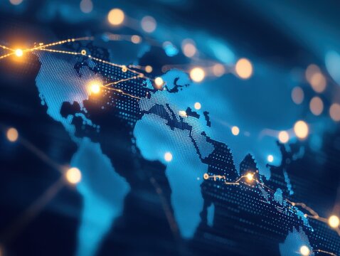 A modern digital map featuring highlighted procurement networks, showcasing global supply strategies and key locations