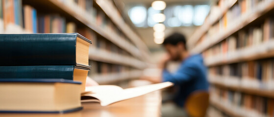 Focused study in a library with books in foreground