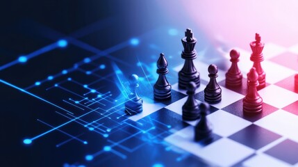 An abstract chessboard with black pieces and digital elements, symbolizing strategic contract negotiation