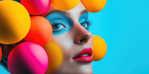 Obraz premium Vibrant artistic portrait with colorful spheres and bold makeup on blue background