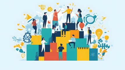 Diverse Team Collaborating on Abstract Platform with Creative Ideas