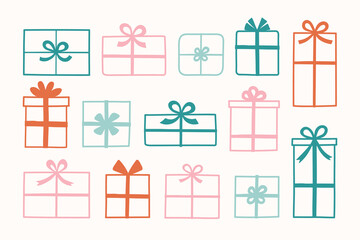 Collection of colourful hand drawn gift boxes. Christmas elements. Vector illustration