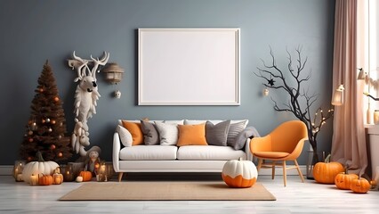 Modern minimalist landcape wall art mockup of baby room for Halloween, blank frame for horizontal wall art baby room mockup, Halloween and Christmas spooky scary vibes of the room interior design