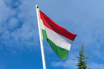 Hungarian flag waving against a clear blue sky with green trees in the background during a sunny day
