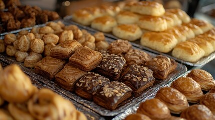 Assortment of Freshly Baked Pastries and Bread Rolls on Silver Trays