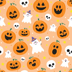 Design of Halloween pattern with cute pumpkin lanterns, ghosts and skulls. Vector illustration