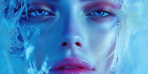 Fototapeta premium Enigmatic beauty: close-up portrait with frosted ice details and bold makeup
