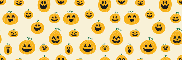 Cute Halloween background with hand drawn pumpkins. Seamless pattern. Banner. Vector illustration