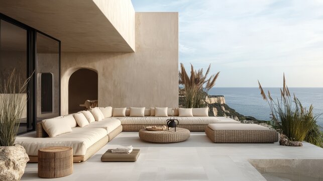 Elegant coastal patio with modern lounge seating overlooking serene ocean waves during a clear day