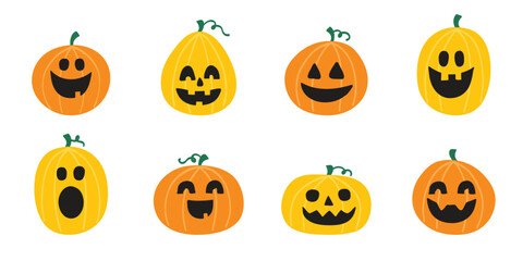 Cute Halloween pumpkin lanterns. Hand drawn characters collection. Vector illustration