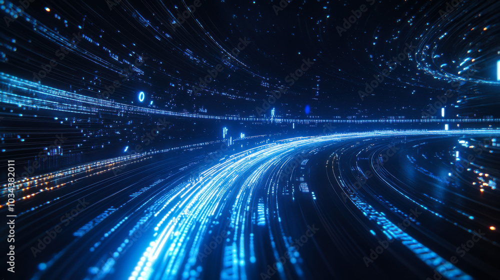 Poster glowing blue lines and particles create an abstract visual representation of technology in a dark ba