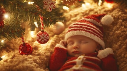 A baby, dressed in a red and white Santa suit, sleeps soundly under a Christmas tree. The tree is decorated with lights and ornaments. The baby's eyes are closed, and its face is peaceful.