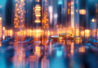 Obraz premium Golden Coins on Digital Cityscape Background