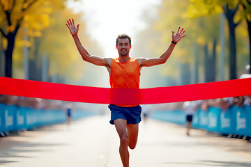 Marathon runner crossing the finish line, breaking the red tape. The sunlit street adds a sense of accomplishment and excitement.