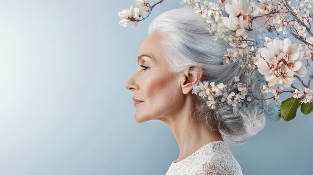 Older adult woman embodies hormone balance and vitality for graceful aging in a serene, blooming environment