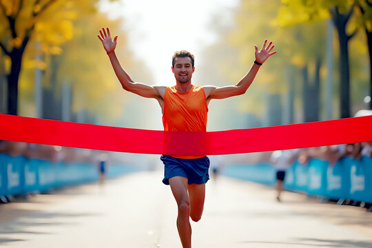 Marathon runner crossing the finish line, breaking the red tape. The sunlit street adds a sense of accomplishment and excitement. - Powered by Adobe