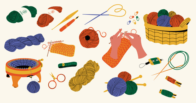 Set of isolated knitting tools for hobby. Various skeins of yarn, needles and hooks.