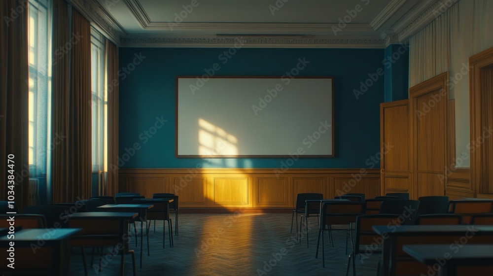 Poster empty classroom with a blank whiteboard and sunlight streaming through windows