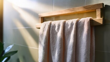 A soft, neutral towel hanging on a wooden rack, illuminated by natural light, perfect 
