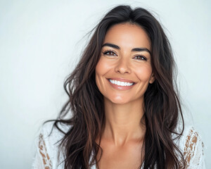 beautiful latina model woman in her 40s with long hair portrait for skincare hair care or headshot 