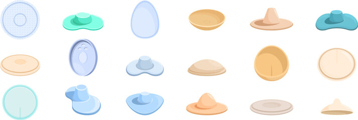 Breast pads icons set. Set of various breast milk pads, designed to protect clothing from leaks and provide comfort for breastfeeding mothers © nsit0108