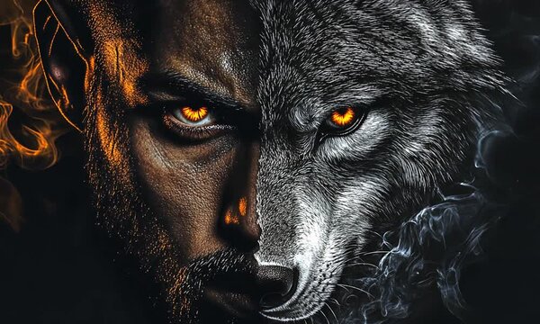 A Man Transformed into a Wolf with Glowing Eyes