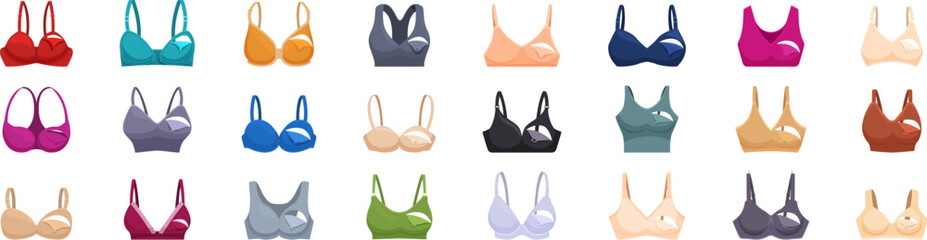 Nursing bra icons set. Nursing bra collection presenting various colors and models of this specific lingerie item, isolated on white background