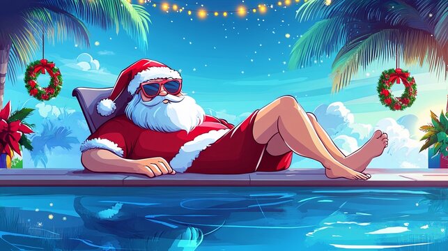 Santa claus relaxing by the pool a cartoon illustration of the jolly figure enjoying vacation vibes