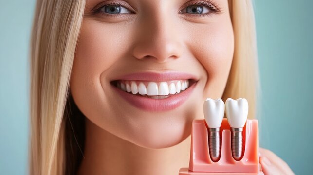 A woman with a beaming smile stands in a modern dental clinic, holding a model of dental implants beside her. Her healthy teeth and engaging expression reflect her confidence in dental care options.