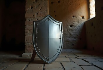 a blank silver shield leaning against a rustic armor stand in a dimly lit medieval room create with ai