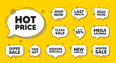 Obraz premium Offer speech bubble icons. Hot Price tag. Special offer Sale sign. Advertising Discounts symbol. Hot price chat offer. Speech bubble discount banner. Text box balloon. Vector