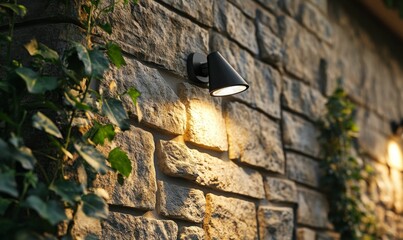 Stone wall with a light fixture and greenery.
