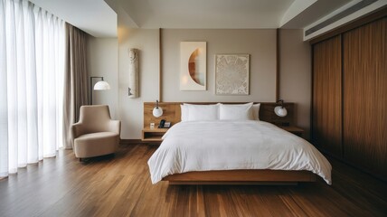 A bedroom with a bed, chair, and a lamp.