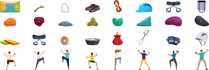 Bouldering gym icons set. Climbers training at gym, climbing club or center, active lifestyle and bouldering concept © nsit0108