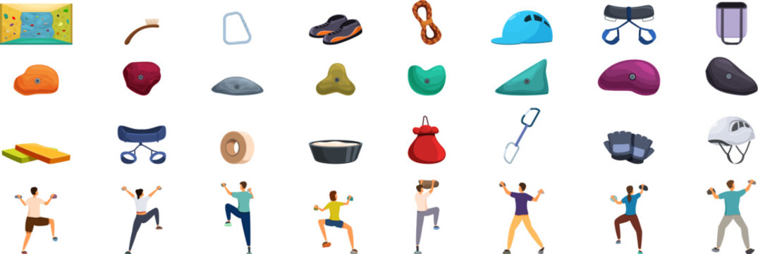 Bouldering gym icons set. Climbers training at gym, climbing club or center, active lifestyle and bouldering concept