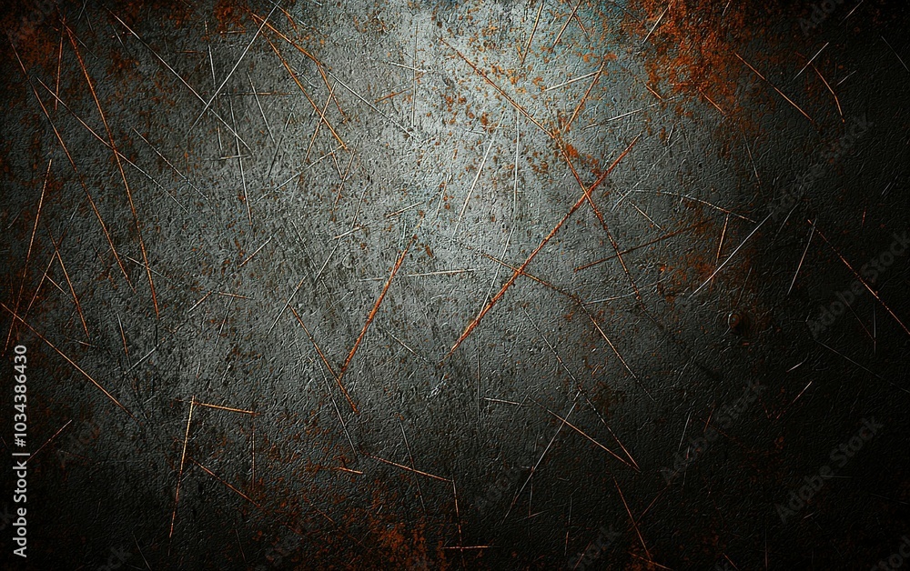 Poster textured surface of a metallic background with scratches and rust in a dimly lit environment