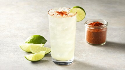 Fototapeta premium Frosty Ranch Water cocktail, isolated on a light gray surface with decorative lime wedges and a jar of chili powder