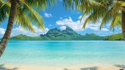 Tranquil tropical beach with turquoise water, white sand, palm trees, and a mountain in the distance under a blue sky with clouds.