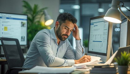 An overworked man is working late at the office