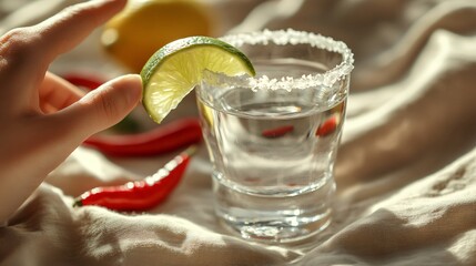 Ranch Water with a salted rim and lime wedge, isolated on a soft beige cloth with decorative chili peppers and small tequila shots