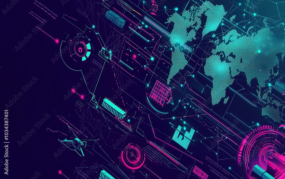 Poster digital world map with vibrant data analytics graphics against a dark background showcasing global c
