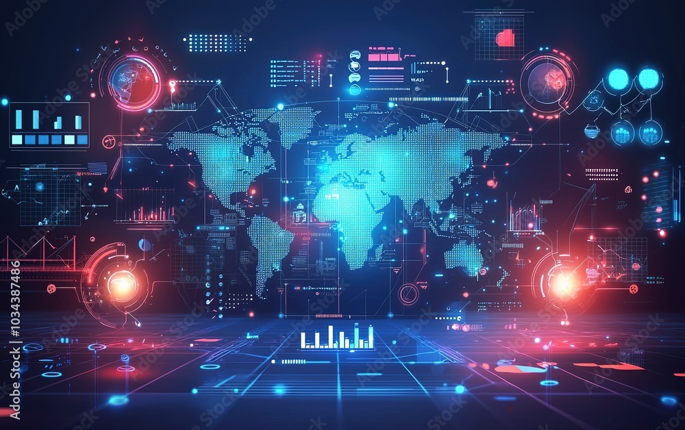 Poster futuristic digital map visualization with data analytics displays representing global information te