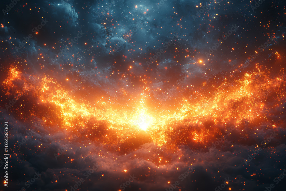 Poster a small spark igniting a massive explosion, symbolizing the creation of a new reality. concept of co