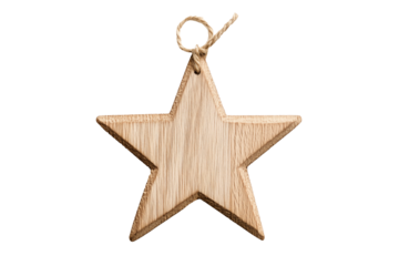 A wooden star ornament with a twine loop, isolated on white background, symbolizing Christmas simplicity and holiday decor.