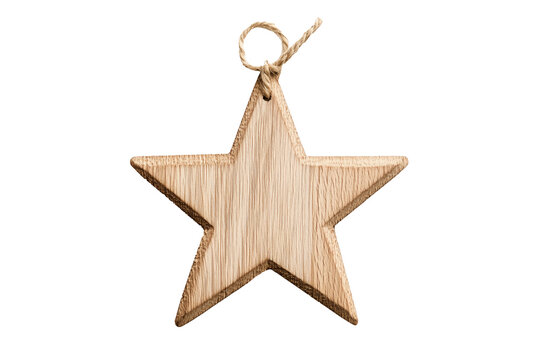 A wooden star ornament with a twine loop, isolated on white background, symbolizing Christmas simplicity and holiday decor.